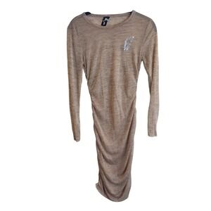 GSUWOO Tan Ruched Long Sleeve Bodycon Dress Rhinestone Logo Womens Small